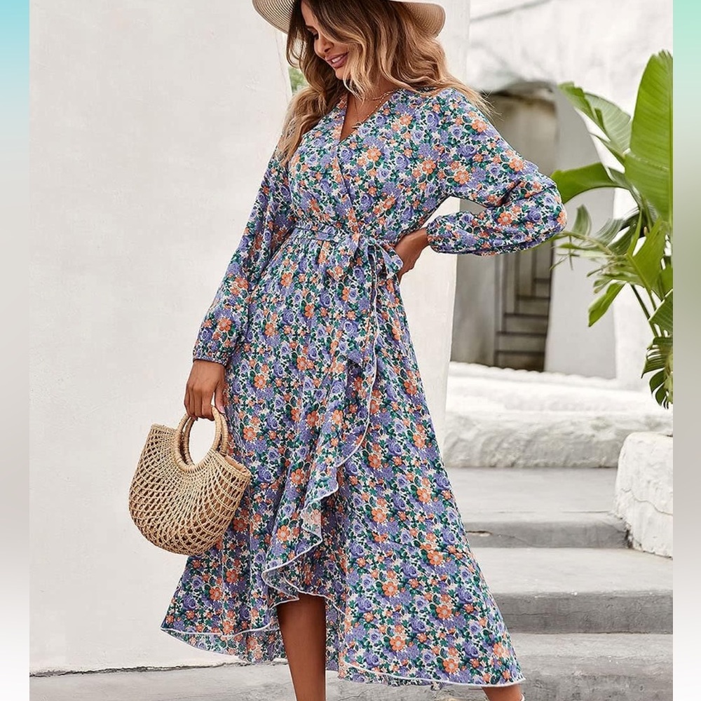 Long Sleeve Floral Wrap Dress